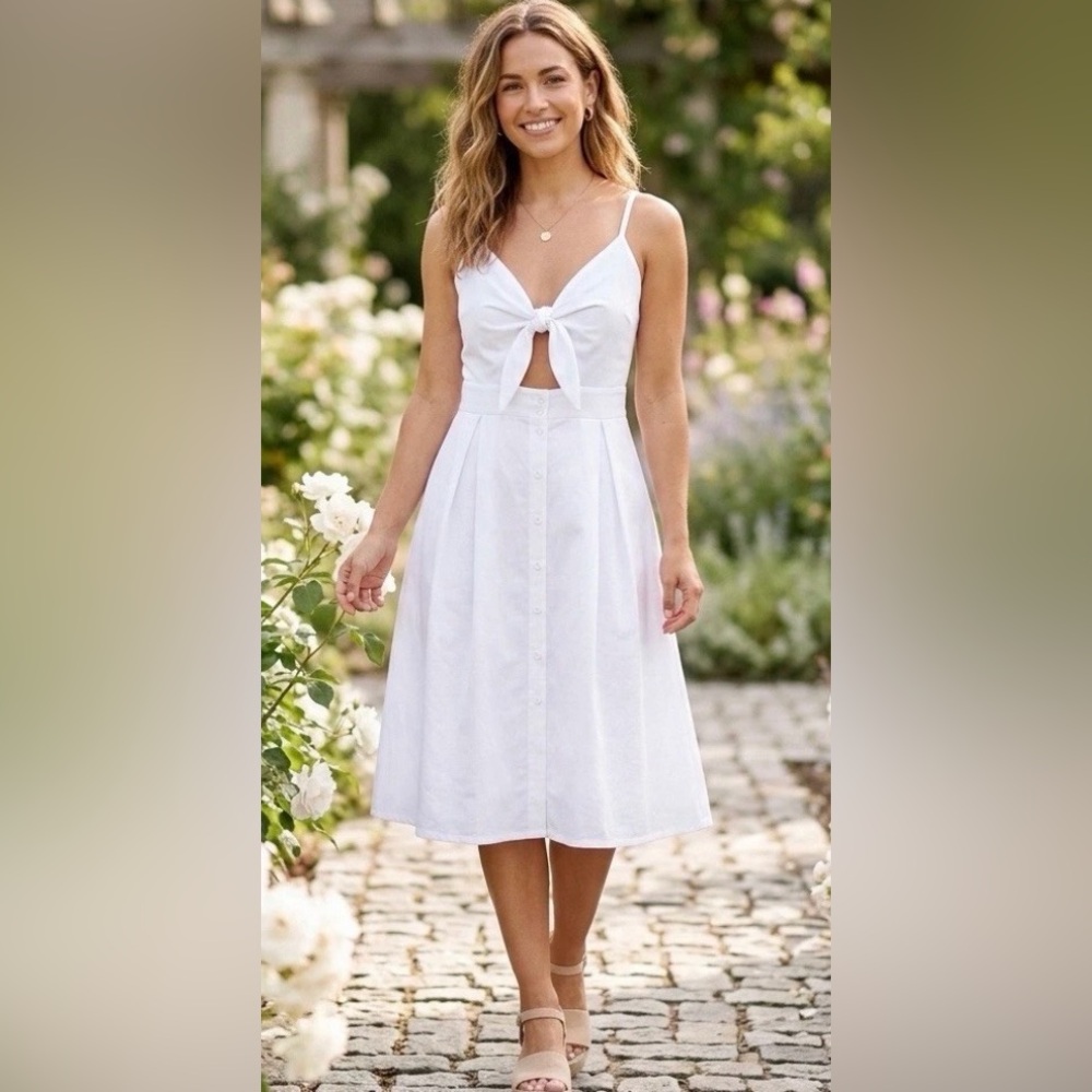 ECOWISH White Tie Front Cut Out Midi Sun Dress M Smocked Back Button Front Boho